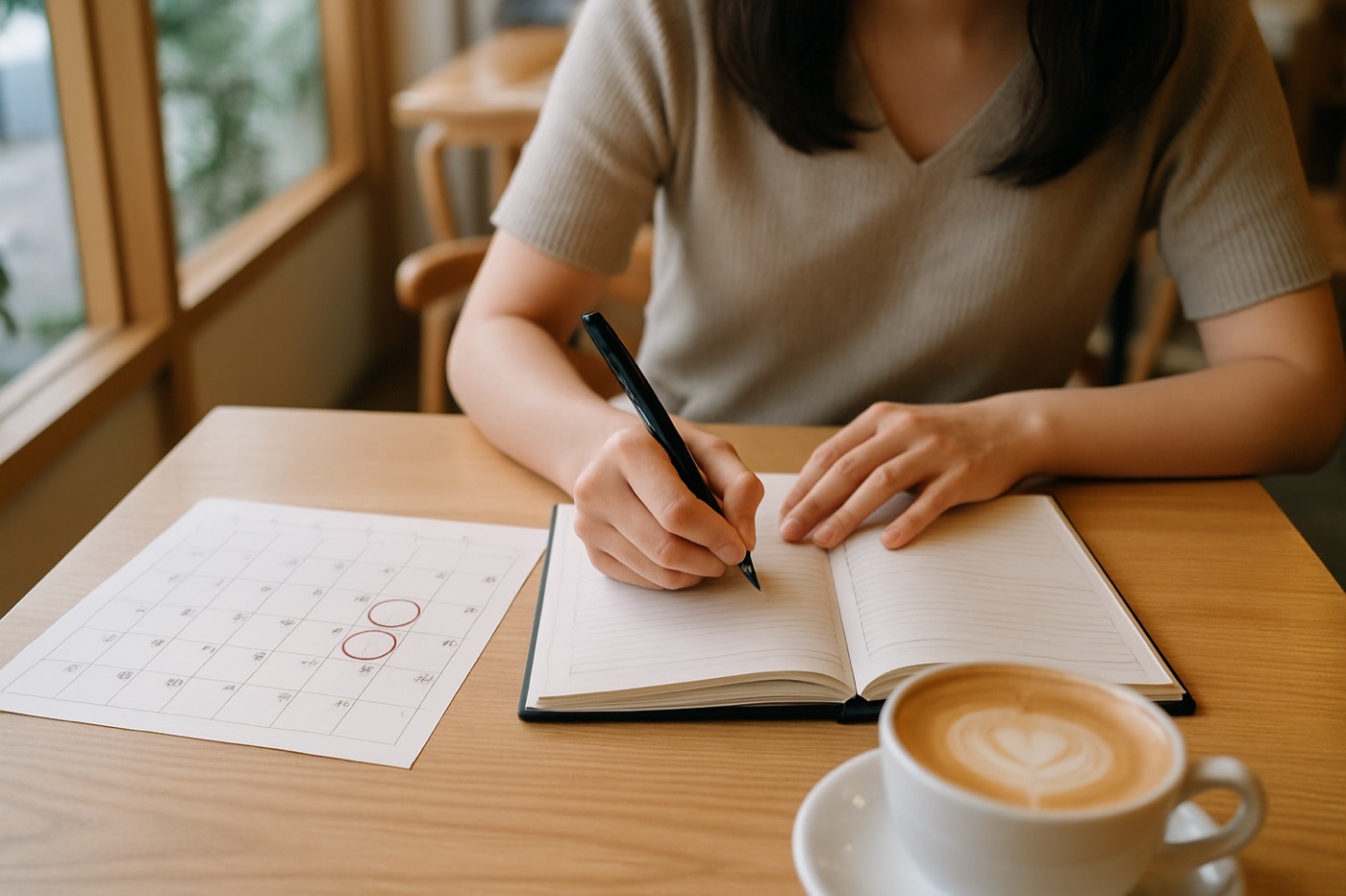 カフェで手帳に予定を書き込む女性の手元
